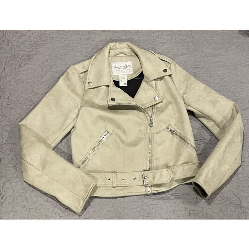American Rag Cream Moto Jacket XS Suede Belt